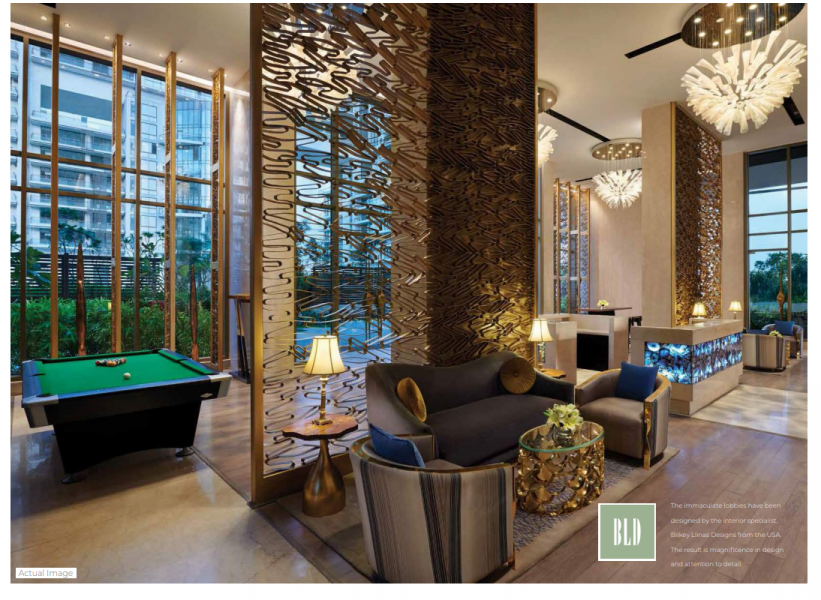 Stylish lounge area with designer seating, pool table, and premium lighting at M3M Golfestate Sector 65, Gurgaon
